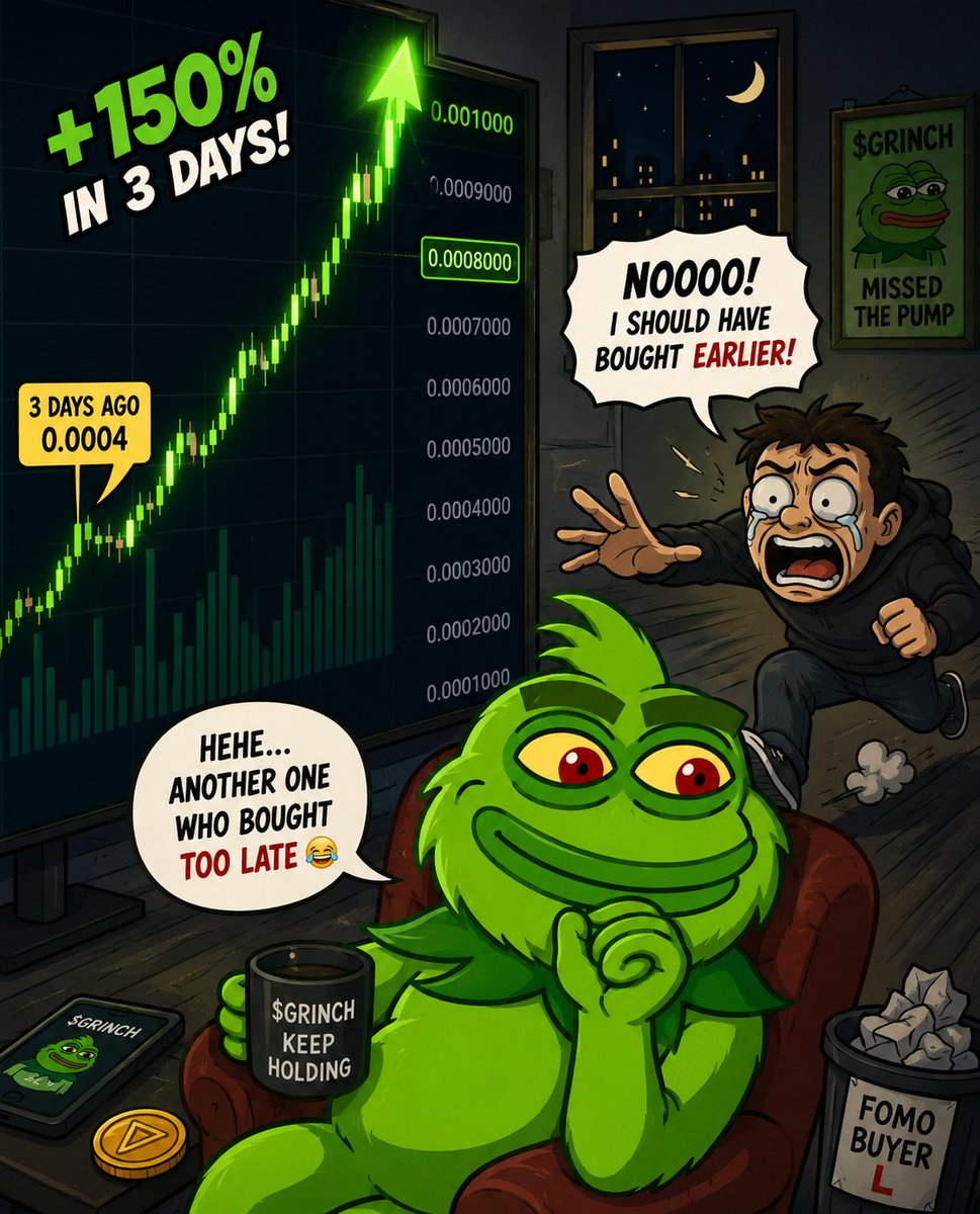 Djhoex's tweet photo. $GRINCH is attracting significant attention.

Its recent chart performance has been truly impressive. Rising from the 0.0004 range, $GRINCH surged to nearly 0.001 before entering a healthy consolidation phase around 0.00083—a level that still reflects more than a twofold increase from its starting point.

This isn't just an ordinary price spike.

Momentum is steadily building, attracting more traders, increasing visibility, and putting $GRINCH on the radar of the broader TON community.

Every major meme coin starts with that moment when the market begins to take notice.

Could this be that moment for $GRINCH?

The answer lies in the fact that $GRINCH is trending bullishly, its community is growing, and all eyes are increasingly turning toward it.

The market rewards those who catch the momentum before an asset hits the mainstream spotlight.

Keep a close eye on $GRINCH.

🌐 https://t.co/Jv7VeKngdv
💬 https://t.co/ZOdegk8iXZ
 𝕏   https://t.co/l6Ata34yAc

📊 https://t.co/EUYMrFZB0Z

CA:
EQA6G0uVERDZTkLNa0drWBna1F5TSbogy7UXEWU5ERHz4uJL

$GRINCH #TON #TONcoin #Memecoin #Crypto #Bullish 🚀