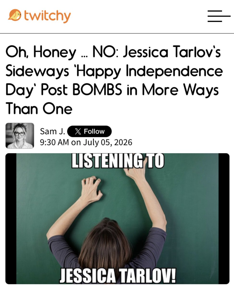TwitchyTeam's tweet photo. She thought this was a good way to wish Americans a Happy Fourth? Woof.

Oh, Honey ... NO: Jessica Tarlov's Sideways 'Happy Independence Day' Post BOMBS in More Ways Than One

https://t.co/ylDinjpz4t https://t.co/tQaQEmF4EA