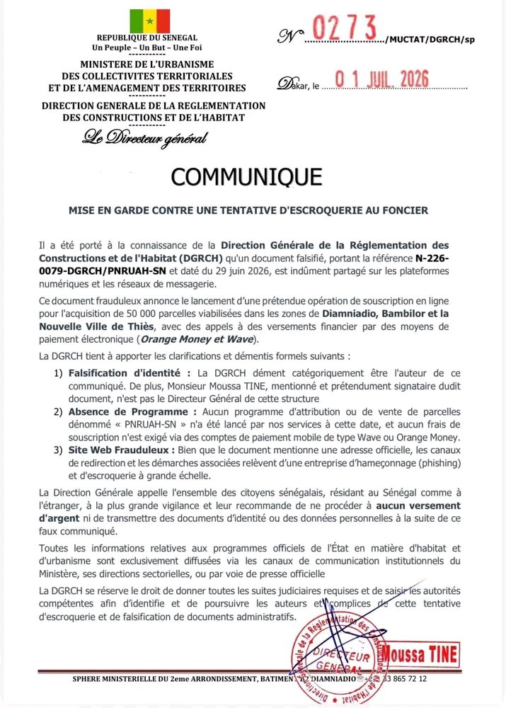 NdiayeElijahmoz's tweet photo. COMMUNIQUÉ 
MISE EN GARDE CONTRE UNE TENTATIVE D'ESCROQUERIE AU FONCIER
Vigilance ...
Urgent,faites circuler l'info ⚠️ https://t.co/VXbO6YnujZ
