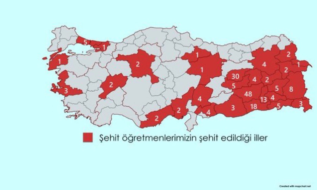 FiiTarih's tweet photo. Şehit öğretmenlerimizin şehit edildiği illeri gösteren bir harita çalışması. https://t.co/tx3BgKKdPb