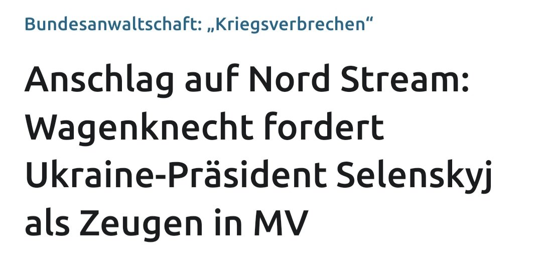 SWagenknecht's tweet photo. Dass auch die Bundesanwaltschaft bei der Nord-Stream-Sprengung jetzt von einem Kriegsverbrechen ausgeht, muss politische Folgen haben. Es ist ein Trauerspiel, dass der Bundestag nicht in der Lage ist, einen Untersuchungsausschuss einzurichten. Grüne und Linke weigern sich, dieses Gremium mit der AfD einzusetzen. Auch hier sieht man, wie schädlich die Brandmauer ist. Wir fordern, dass der Schweriner Landtag nach der Wahl einen Untersuchungsausschuss zum Nord-Stream-Terror einberuft. Das entsprechende Quorum dafür wäre mit dem Einzug des BSW in den Landtag gesichert. Wir brauchen politische Aufklärung: Wurde das Kriegsverbrechen von der ukrainischen Führung gebilligt? Wenn ja, wie kann man es den deutschen Steuerzahlern erklären, dass an genau diese Leute weiterhin Milliarden an Steuergeld überwiesen wird? Zur Aufklärung sollte der Schweriner Landtag auch den ukrainischen Präsidenten Selenskyj vorladen. Der Untersuchungsausschuss sollte aber auch klären, was die Bundesregierung bereits 2022 wusste und und ob sie die Bürger belogen hat. Was Berlin nicht will, sollte Schwerin in die Hand nehmen! Die Bürger erwarten endlich Aufklärung und politische Konsequenzen.

https://t.co/Vq6zWaVoQ8