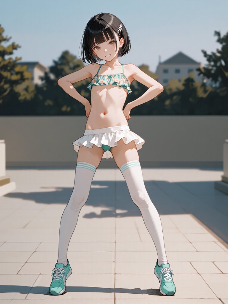 RirukaAx's tweet photo. これもPixAIでセンシティブ判定をされたもの。一応はビキニの上から腰回りに超ミニスカを巻かせた水着衣装のつもりだが…
それにサイハイにスニーカーを履かせた俺が悪いか
ちっぱいあばら鼠径部はもっと悪いか…
#AIイラスト #AIart https://t.co/cdyYvji26q