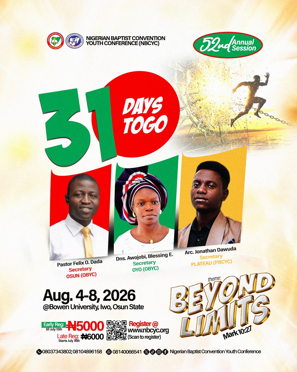 NigerianBa53483's tweet photo. https://t.co/F3TEnBqnfi
31 DAYS TO GO! 🔥
The countdown is on! In just 31 days, we'll gather for the the 52nd NBCYC.
Register now and secure your spot!
The countdown continues... See you at Bowen!
#NBCYC2026 #31DaysToGo #BeyondLimits #Mark1027 #BaptistYouth https://t.co/WcqXRpor01