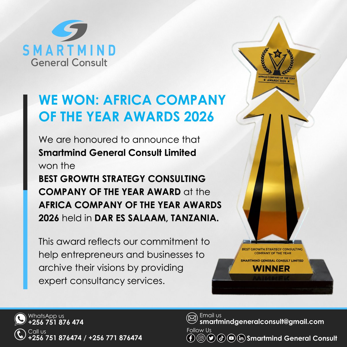 SmartmindGC's tweet photo. We are thrilled to announce that Smartmind General Consult Ltd won the Best Growth Strategy Consulting Company of the Year at the Africa Company of the Year Awards 2026!

This award refrects our commitment to empower entrepreneurs and businesses to achieve their business visions. https://t.co/u2ISXqiNpl