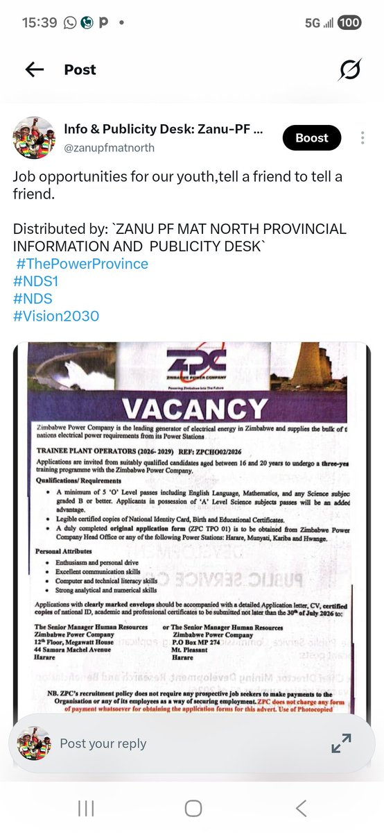 zanupfmatnorth's tweet photo. Job opportunities for our youth,tell a friend to tell a friend.

Distributed by: `ZANU PF MAT NORTH PROVINCIAL INFORMATION AND  PUBLICITY DESK` 
 #OurPowerHouseProvince 
#NDS1
#NDS
#Vision2030 https://t.co/1tzdkOOfKp