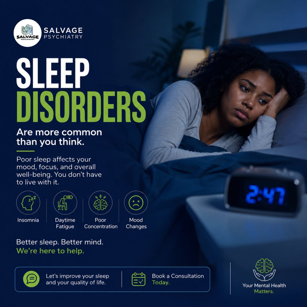 SalvagePsych's tweet photo. A good night's sleep isn't a luxury, it's essential for your mental health.
If restless nights, constant fatigue, or difficulty staying asleep are affecting your life, help is available.
At Salvage Psychiatry, we're here to help you sleep better, think clearer, and live healthier https://t.co/p5NRfyHg4K