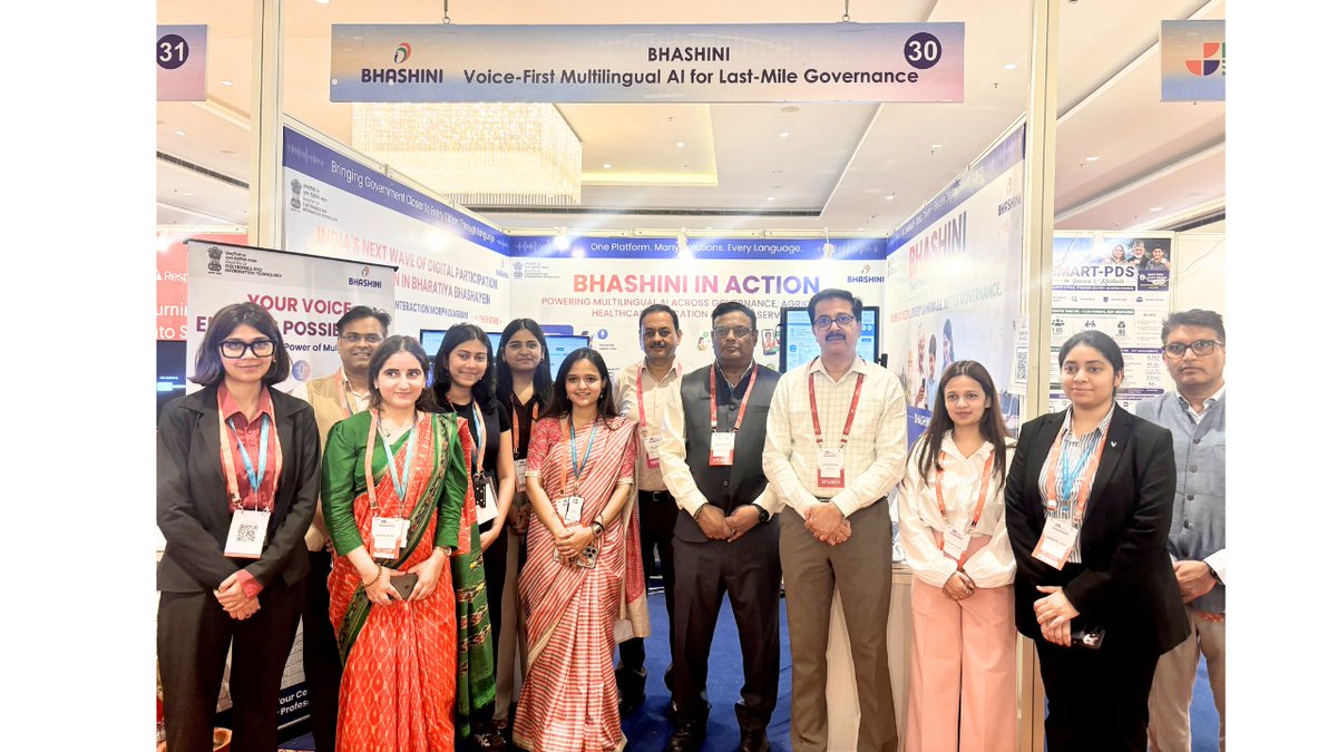 _BHASHINI's tweet photo. At #NCeG 2026, the #BHASHINI stall welcomed Shri Vivek Bharadwaj, @mopr_goi , and Shri Sushil Lohani, Additional Secretary, @mopr_goi , who experienced BHASHINI's multilingual, voice-first AI solutions firsthand.
The #BHASHINI team showcased key Ministry of Panchayati Raj use cases, including SabhaSaar and eGramSwaraj, along with Sun Sutra, a next-generation voice-first device, demonstrating how cutting-edge multilingual Language AI can make Panchayati Raj services more accessible, efficient, and citizen-centric across Indian languages.
By enabling #PanchayatiRaj institutions to deliver #inclusive, #multilingual, and #voice-first public services, BHASHINI is strengthening governance at the last mile, ensuring that every #citizen can access government services in the language they speak and understand.
#BHASHINI #NCeG2026 #MoPR #SabhaSaar #eGramSwaraj #SunSutra #MultilingualAI #VoiceFirstAI #DigitalIndia #LastMileGovernance
@GoI_MeitY @narendramodi @PMOIndia @AshwiniVaishnaw @JitinPrasada @SecretaryMEITY @amitabhnag @spalsi @_DigitalIndia @DPIITGoI @OfficialINDIAai @mygovindia @RajbhashaVibhag @HMOIndia @AmitShah @Zoho @amitabhk87 @OfficialINDIAai @startupindia @NICMeity @ndtv @republic @DDNational @EconomicTimesAI @EconomicTimes @PIB_India @ETNOWlive @DrJitendraSingh @DARPG_GoI @ANI @CNBCTV18News @BhajanlalBjp @DARPG_GoI @Ra_THORe @DoITCRaj @ians_india @PIB_India @PIBHindi @PTI_News @ZeeNewsEnglish @IndiaToday @mygovindia