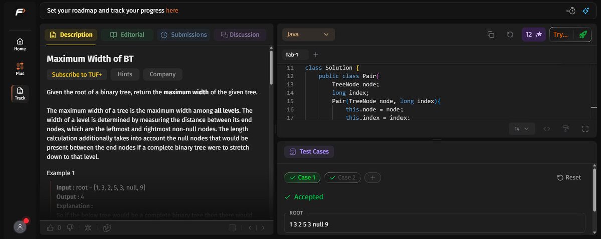 pritesh_sorte_'s tweet photo. 🗓️ Day 35  –  45 Days #SDESheetChallenge
Topic - Binary Tree | Solved 4 problems 
112. Pre, Post, Inorder in one traversal
113. Vertical Order Traversal
114. Print root to leaf path in BT
115. Maximum Width of BT https://t.co/OV8TQCa3U4