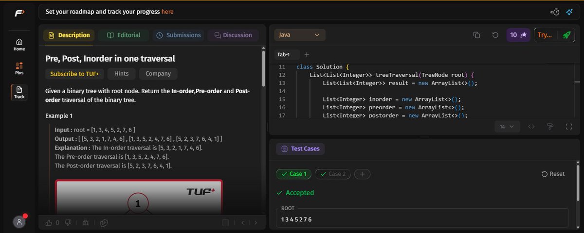 pritesh_sorte_'s tweet photo. 🗓️ Day 35  –  45 Days #SDESheetChallenge
Topic - Binary Tree | Solved 4 problems 
112. Pre, Post, Inorder in one traversal
113. Vertical Order Traversal
114. Print root to leaf path in BT
115. Maximum Width of BT https://t.co/OV8TQCa3U4