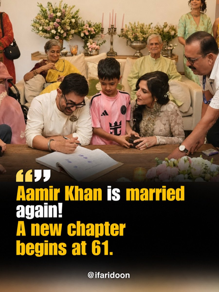 iFaridoon's tweet photo. Aamir Khan is married again!
A new chapter begins at 61.

Aamir Khan and Gauri Spratt tied the knot in a private ceremony at his Bandra home.

Interestingly, they had known each other for 25 years but started dating just over two years ago.

Sometimes, the right love story doesn’t happen early.
It happens when the timing is finally right. 

Wishing the couple a lifetime of happiness.