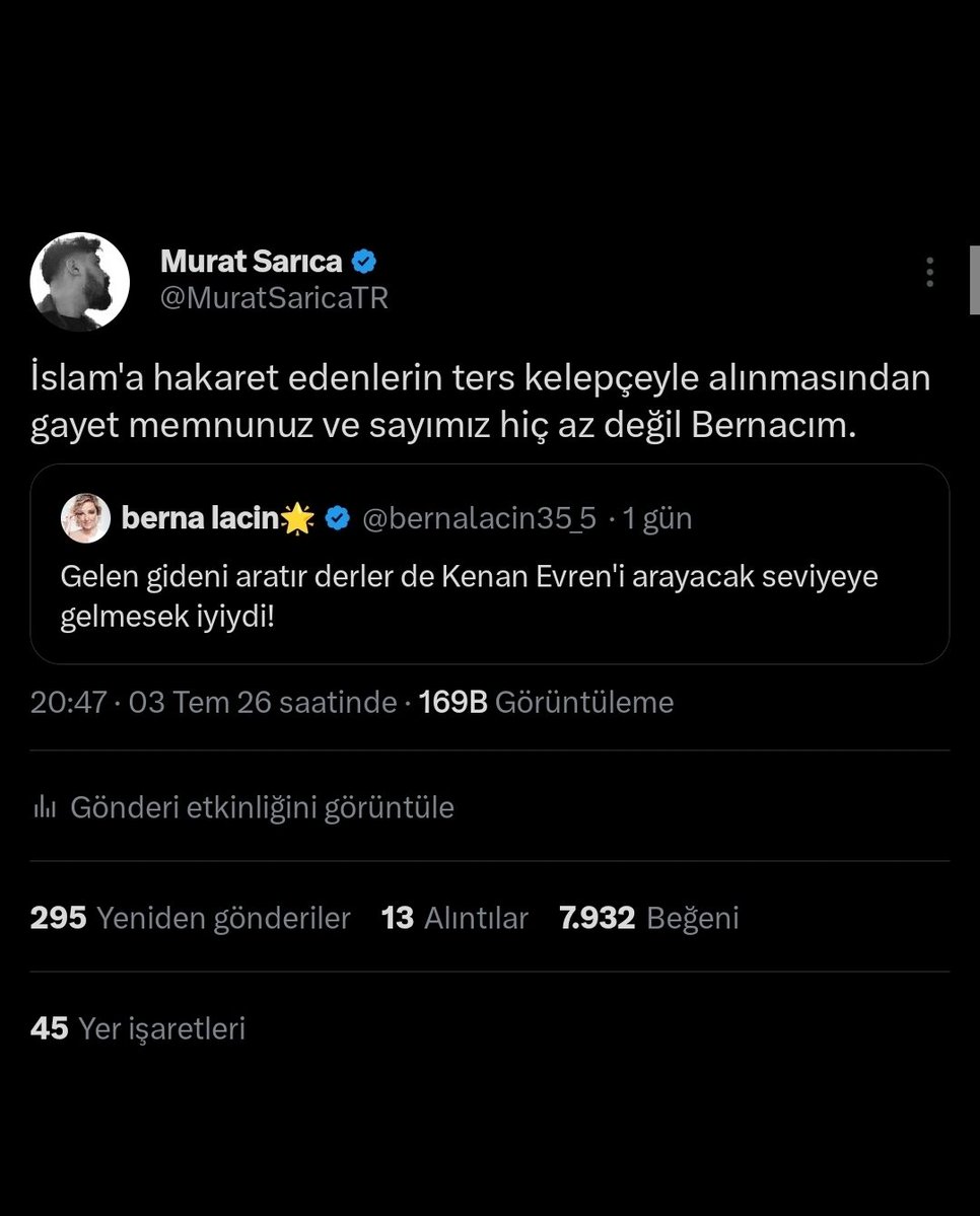 MuratSaricaTR's tweet photo. Ne kadar kalabalık olduğumuzu gördün mü Berna'cım? Senin 1 milyon 600 bin takipçiyle aldığın beğeniyi ben 3 bin takipçiyle aldım 😂 @bernalacin35_5 https://t.co/vBTeZsi7LS