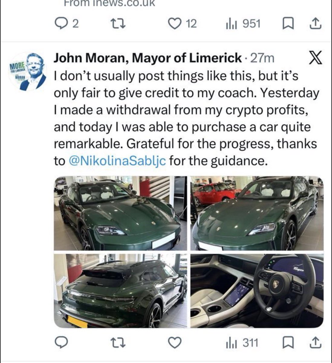 moranjohna1's tweet photo. We’re back! Hacked account restored. As people suspected, although green, this was never going to be the first #limerick mayoral car! Instead, happier to be with the crowd on @IrishRail to @officialgaa. I would though like to thank all who advised me about the hack on account. https://t.co/R6Ln6zSHKi