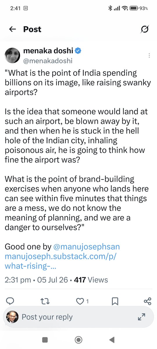 prahladkumar33's tweet photo. Problem is that cynical and self loathing Indians will not appreciate a start made with some truly world class infra. In fact best in class. Also seems to me that the self loathing has become acute post 2014 https://t.co/3V2TMcA4yu