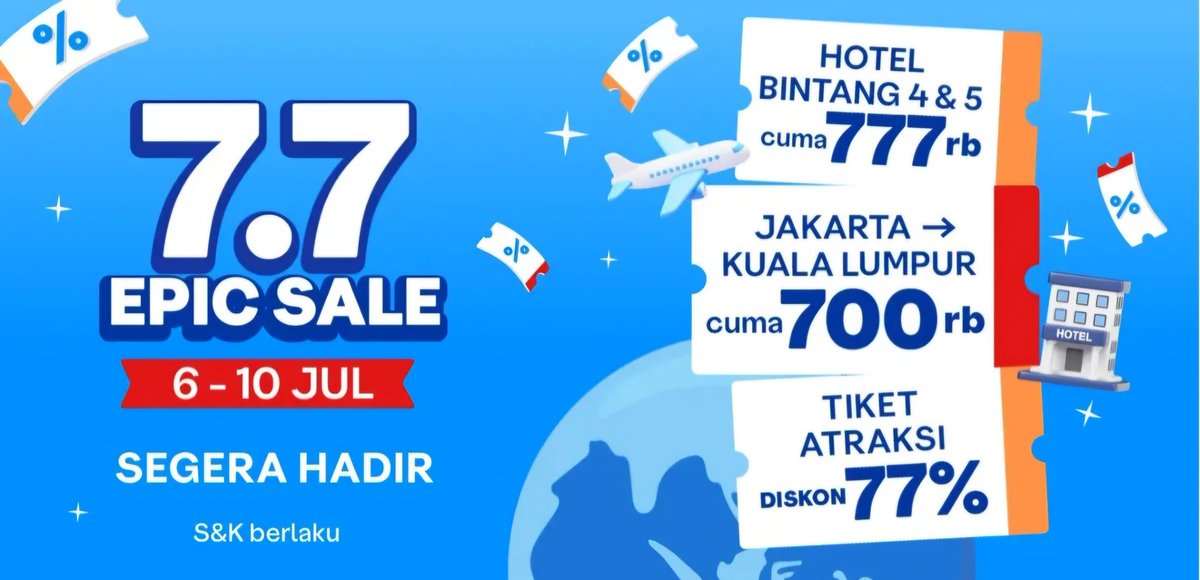 DevenFry's tweet photo. Jangan heran kalau timeline nanti penuh orang pamer tiket murah  Soalnya 7.7 EPIC Sale Traveloka bakal hadir dengan promo Jakarta–Kuala Lumpur mulai 700rb aja! hotel mulai dari harga 777rb dan juga atraksi diskon 77%, pokonya full promo jangan sampe kelewatan😍 https://t.co/guRX6o7vGq