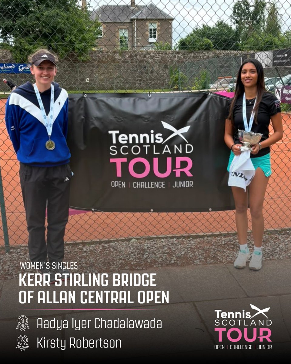 tennisscotland's tweet photo. Congratulations to the Kerr Stirling Bridge of Allan Central Open Champions 🏆

Women's Singles
🥇 Aadya Iyer Chadalawada
🥈 Kirsty Robertson

Men's Singles 
🥇 Nicolas Rosenzweig
🥈 Cameron Fryer

A fantastic weekend of tennis with players taking home valuable TS Open Tour leaderboard points 👏🎾