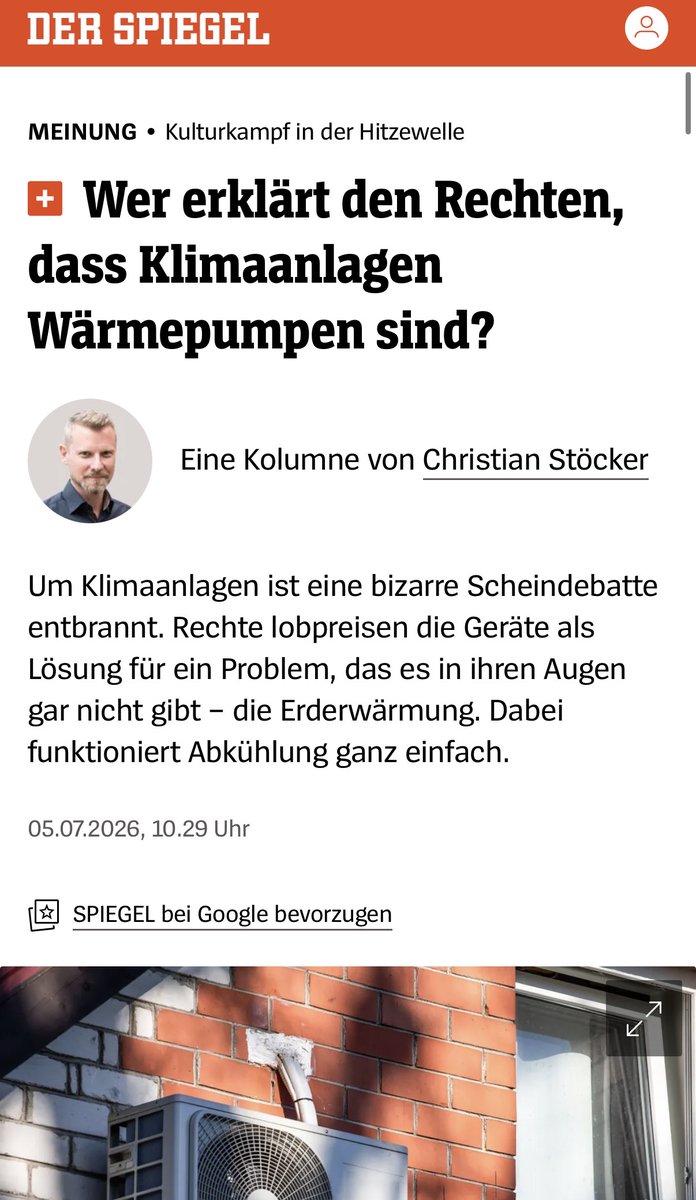 ChrisStoecker's tweet photo. Kolumne: Die Leute, die gestern noch behauptet haben, die Erderhitzung sei kein Problem, erklären jetzt die Leute für doof, die sich nicht auf die Erhitzung vorbereitet haben. Nun will die Anti-Klimaschutz-, die Anti-Wärmepumpen-Fraktion es schon immer gewusst haben. https://t.co/wLYM5FtpqK