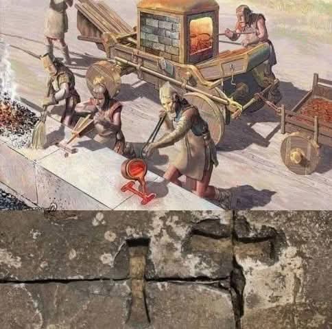 histories_arch's tweet photo. Roman stonemasons fill block joints with metal... 

Roman builders used metal, typically iron or bronze, to secure stone blocks in major structures across the Roman Empire.

Blocks were cut with precision and joined using metal clamps or dowels, often set into carved channels between stones. Molten lead was poured around the metal to hold it in place, protect it from corrosion, and absorb stress from movement or vibration. This technique was widely used in temples, bridges, aqueducts, and defensive walls.

Unlike mortar-based construction, many Roman stone structures relied on tight-fitting masonry combined with metal reinforcement, allowing for both strength and flexibility. Evidence of these clamps can still be seen today where outer stone layers have been removed or damaged.

In some ancient sites, later builders or looters extracted the metal clamps by heating and removing the lead, leaving behind the distinctive cut-out channels still visible in surviving stone blocks.

#archaeohistories