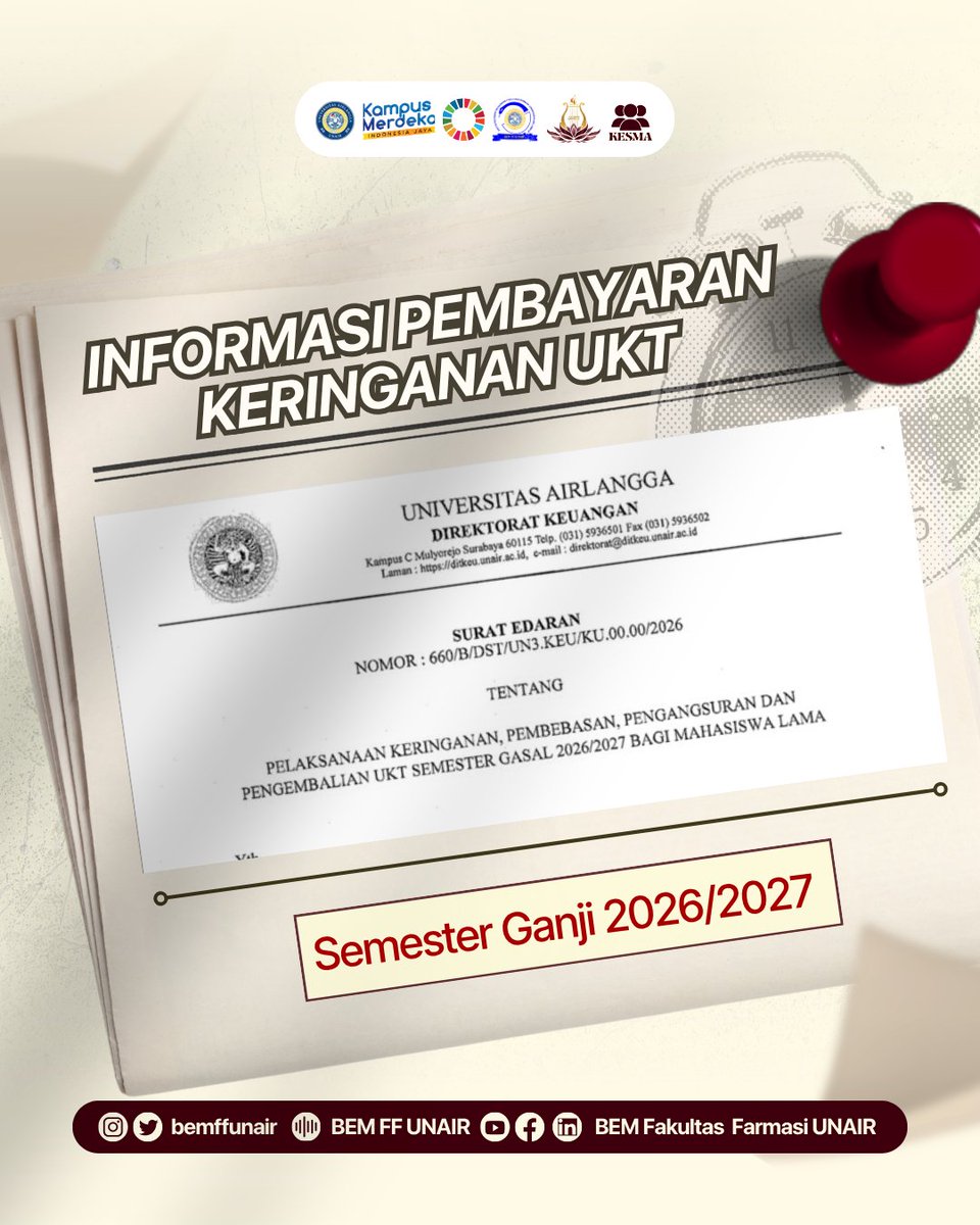 bemffunair's tweet photo. Pengajuan Banding UKT Telah Dibuka!📣

Halo Sobat KESMA! ���

Banding UKT adalah kesempatan mengajukan peninjauan kembali besaran UKT sesuai kondisi ekonomi terbaru atau perubahan signifikan dalam keluarga.

📅25 Juni–5 Juli 2026

#KERINGANANUKT #FFUNAIR #BEMFFUNAIR #KABINETANVAYA https://t.co/aUNkMCrOsT