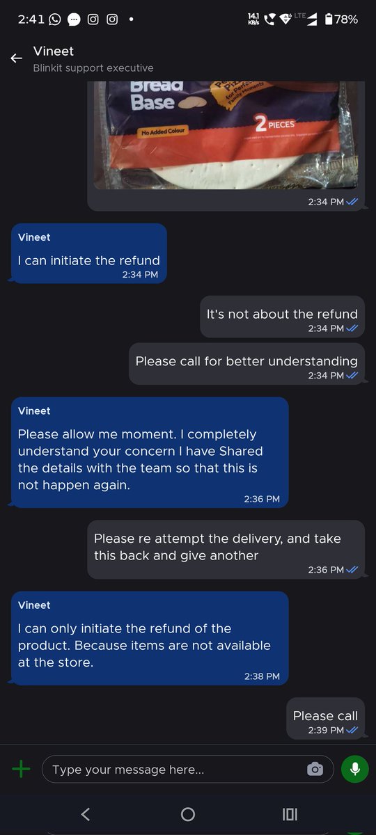 Nitinkrm14's tweet photo. Dear @blinkitcares @letsblinkit, I placed an order worth 569, and the pizza base arrived broken. Support offered a refund, but reordering means paying delivery, small cart, and other charges again. Why should I pay extra for your mistake? Please provide a proper resolution. https://t.co/uQlC1mMIKq
