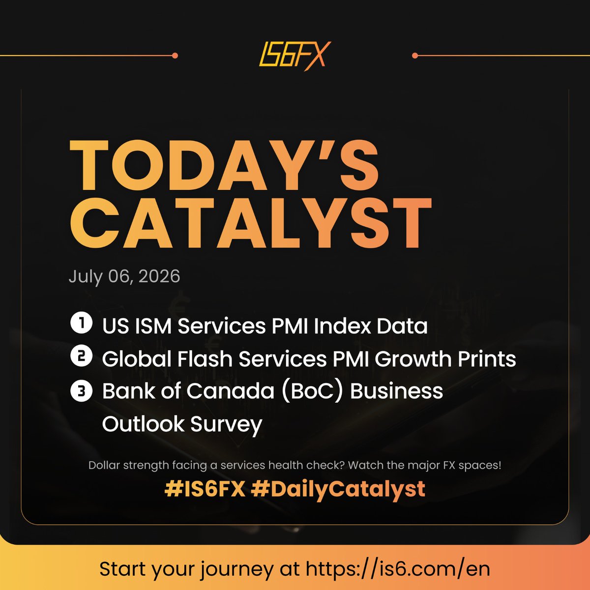 is6fx_global's tweet photo. Today's Catalyst β July 06
Services Check: Global PMIs & the BoC Survey drop today, followed by high-impact US ISM Services data.
Expect major liquidity sweeps across EURUSD, USDCAD & GOLD as Q3 trends lock in.
What's your bias? π
#Forex #IS6FX #DailyCatalyst https://t.co/wIyQS4ubHz