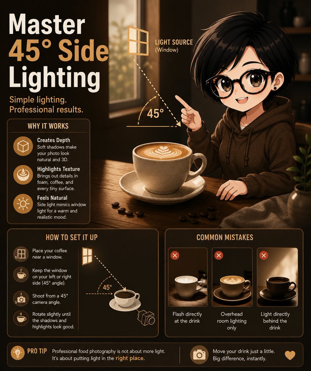 kopifable's tweet photo. Most premium coffee photos use one simple lighting setup:

45° side lighting.

It creates depth, texture, and makes drinks look much more appetizing.

#PhotographyTips https://t.co/F6pFvuORWh