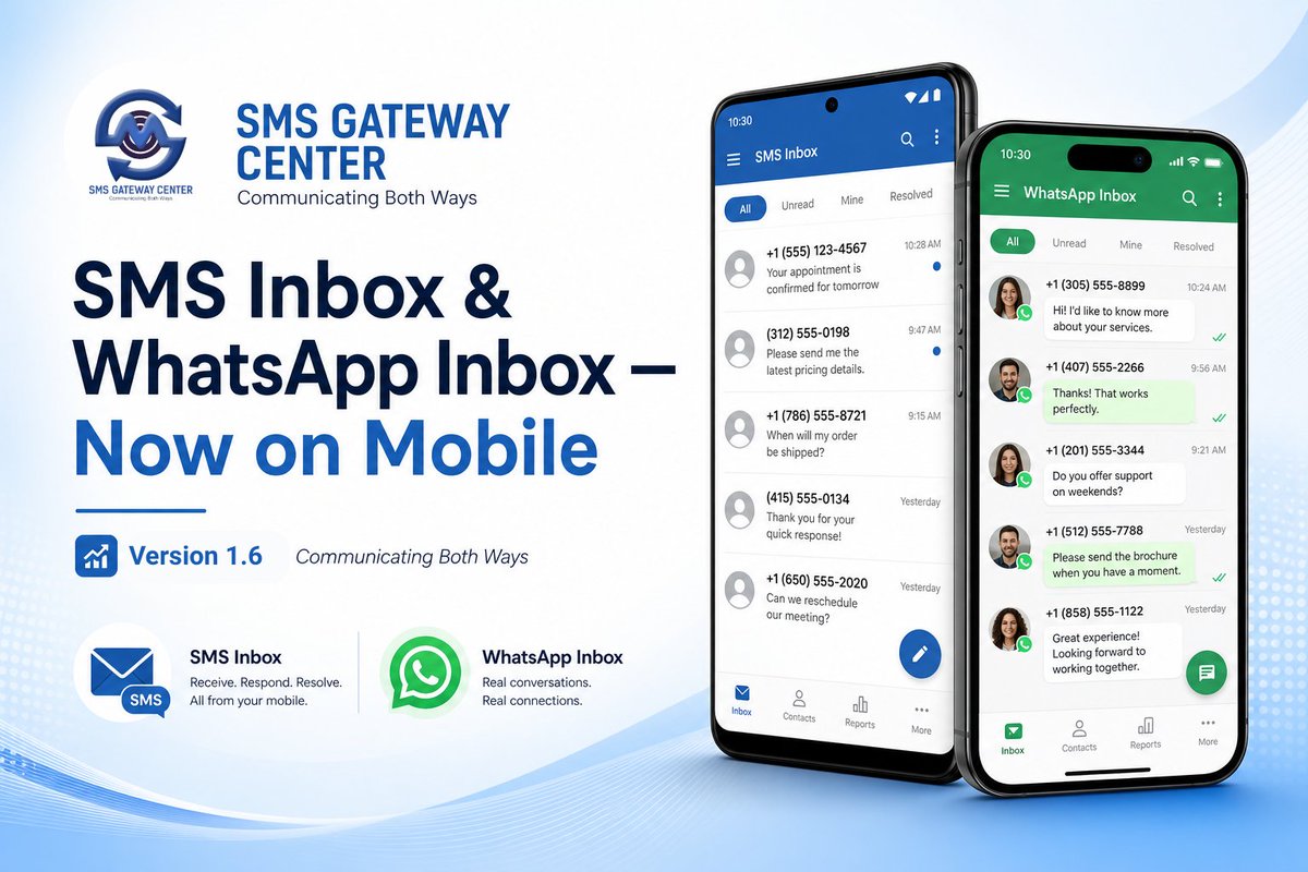 SMSGatewayIndia's tweet photo. SMS Inbox and WhatsApp Inbox are live on Android and iOS. Read, reply, and monitor inbound messages from anywhere. Version 1.6 is ready.

Read more: https://t.co/qEIrVcL7DF

#SMSGatewayCenter #SMSInbox #WhatsAppInbox #TwoWaySMS #BulkSMSIndia https://t.co/azmQWU403w