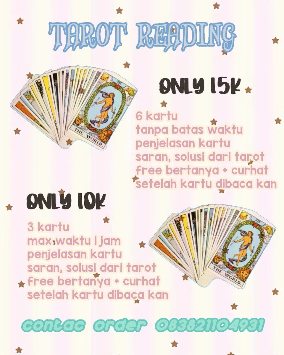 justinkeatonn's tweet photo. 🔮 OPEN TAROT READING ONLY 15K 🔮

10k 3 kartu - 15k 6 kartu /perquestion, avail nanya nanya atau curhat yaa free kok, tidak ada batasan waktu, kartu diberi penjelasan dengan jelas 💕😊 

contac order https://t.co/kFizn9LrtK
testie ada di pinned  #zonajajan #zonauang https://t.co/zPLgz0CjaE