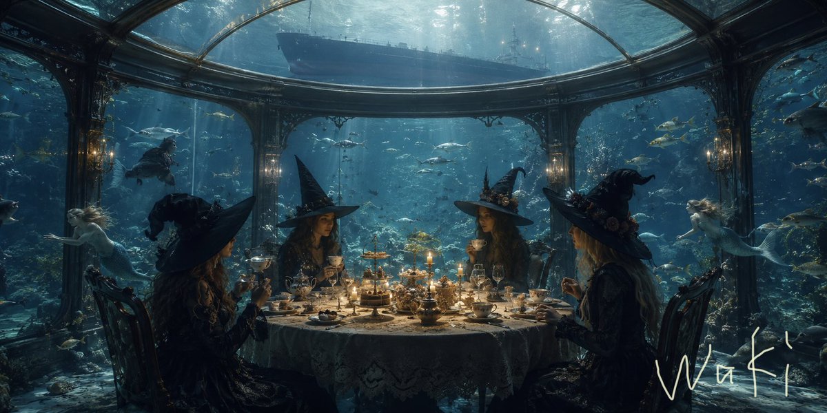 UnseenWorldLab's tweet photo. 深海でのティータイムとかなんか素敵🫖
水族館ならこういう空間を作れるのかなー？

それにしても、何を思ってこの画像を作成したんだろう？？？
魔女が海の中にいるなんてイメージ私には無かったな〜 https://t.co/IDxW1JxBuT