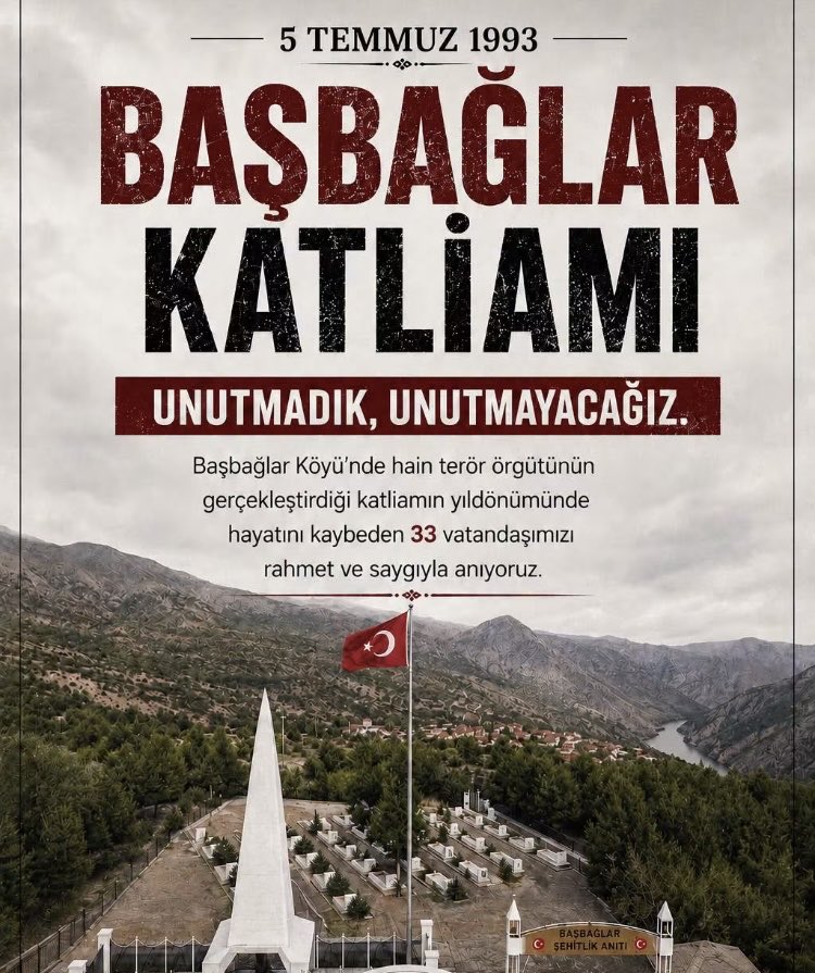 MarmaraSehit's tweet photo. 5 Temmuz 1993 tarihinde Erzincan’ın Başbağlar Köyü’nde hain terör örgütü tarafından gerçekleştirilen katliamda şehit edilen 33 vatandaşımızı, şehadetlerinin yıl dönümünde rahmetle ve dualarla anıyoruz 🇹🇷#5TemmuzBaşbağlarKatliami https://t.co/JlU2eMxfBP