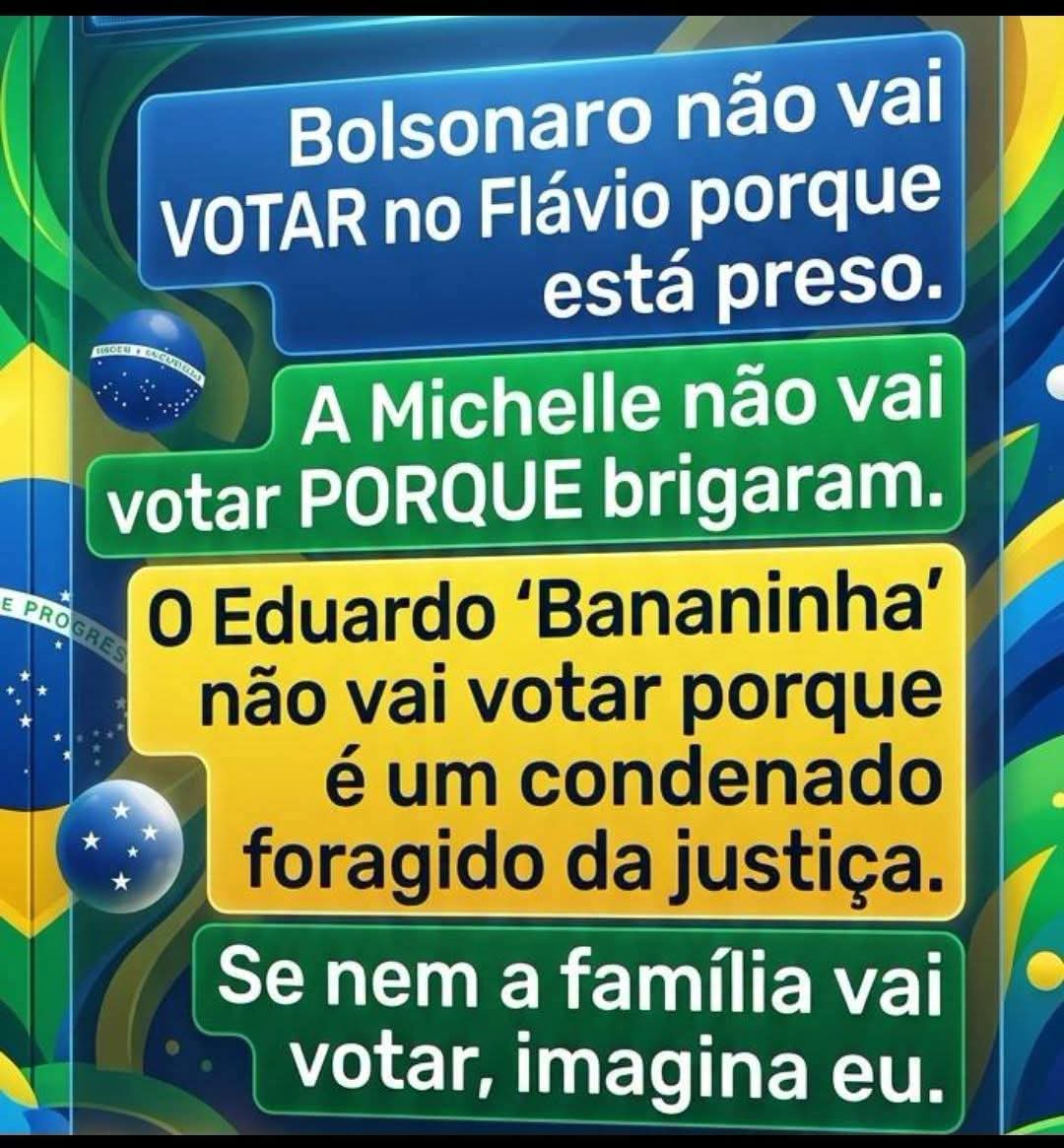 UnpbBr's tweet photo. Bolsonaro não vai VOTAR no Flávio porque esta preso.
A Michelle não vai votar PORQUE brigaram
O Eduardo 'Bananinha não vai votar porque ế um condenado foragido da justiça.
Se nem a família vai votar, imagina eu, https://t.co/mz0kwRBQ7v