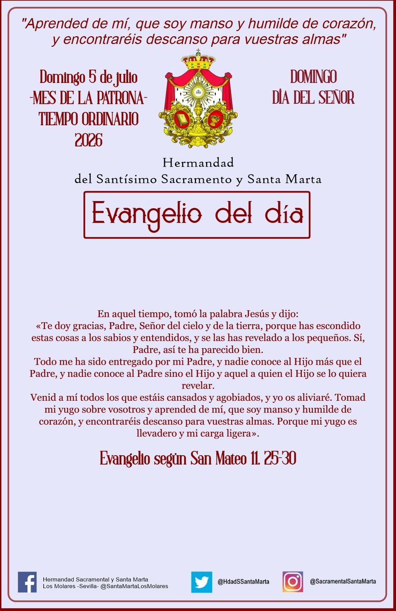 HdadSSantaMarta's tweet photo. #EvangelioDelDía | Domingo 5 de julio. DOMINGO DÍA DEL SEÑOR. TIEMPO ORDINARIO. Evangelio según San Mateo @EvangelizarSev https://t.co/dKolXhxlVR