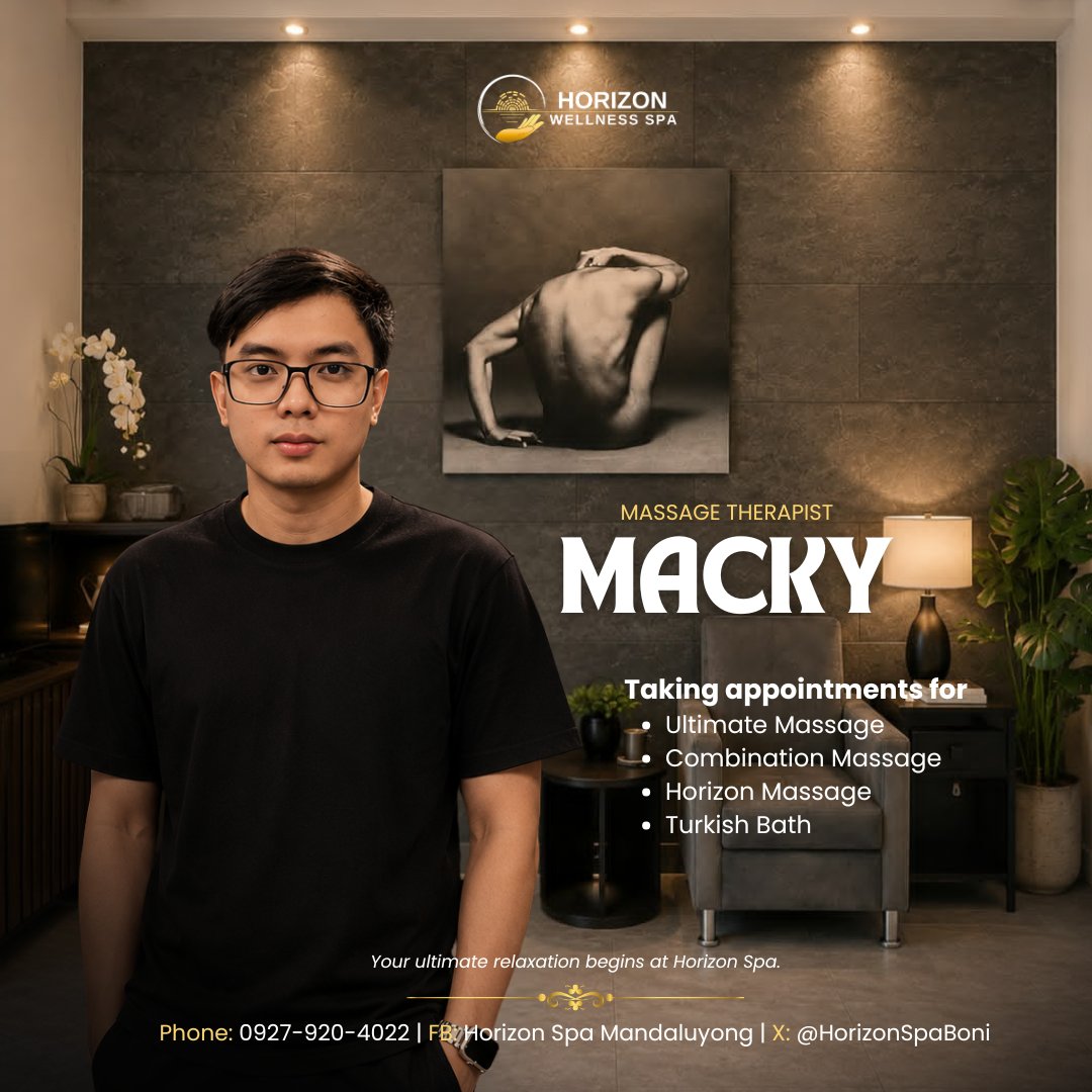 HorizonSpaBoni's tweet photo. On duty: MACKY 🌇
NCII-certified. 
Relaxation, ultimate. 

#HorizonSpa #UltimateMassage https://t.co/LQGJK3O015