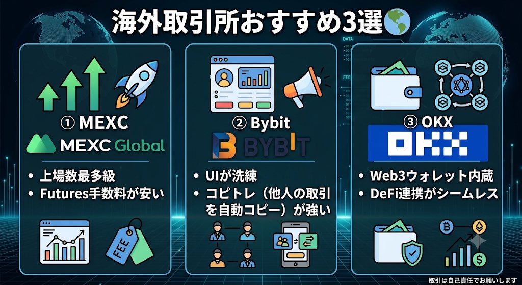 sattonweb's tweet photo. 海外取引所おすすめ3選🌍

①MEXC → 上場数最多級・Futures手数料が安い
②Bybit → UIが洗練・コピトレ（他人の取引を自動コピー）が強い
③OKX → Web3ウォレット内蔵・DeFi連携がシームレス

今の🔴Extreme Fear相場こそ、手数料コストを削って仕込む時期だよ💡

#仮想通貨 #取引所比較 https://t.co/2T5Qmxlum0