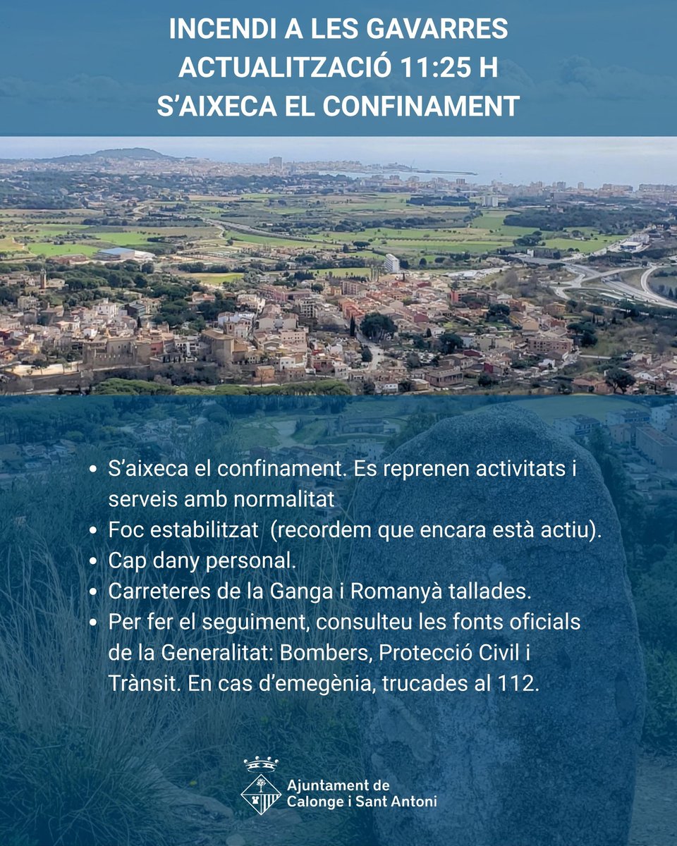 ajuntcalonge's tweet photo. INCENDI A LES GAVARRES - ACTUALITZACIÓ 11:25 H - S’AIXECA EL CONFINAMENT
- S’aixeca el confinament. Es reprenen activitats i serveis amb normalitat.
- Foc estabilitzat (recordem que encara està actiu). https://t.co/BXGXbK0KN4