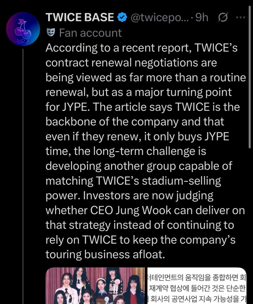 SKNGZ_'s tweet photo. So the article mentioned skz too and they are the ones who bring most benefits to JYP but their fvcking unprofessional fanbase didnt mention em to make their old ass grp the only successful one😭

But not surprised since this grandma @uppercasehyo who’s behind that acc https://t.co/ysKxpHTUsn