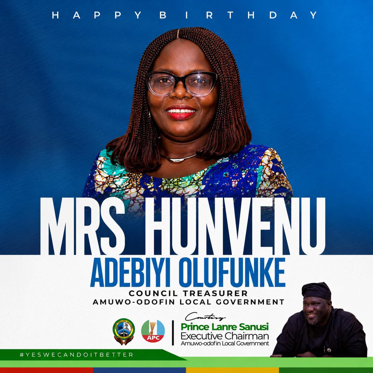 AMUWOODOFINLGA1's tweet photo. Happy Birthday to Our Council Treasurer! 

Today, we celebrate our esteemed Council Treasurer, Mrs. Hunvenu Adebiyi Olufunke, and appreciate her dedication and valuable contributions to the growth and development of Amuwo-Odofin Local Government.

On behalf of the Executive Chairman, Prince Lanre Sanusi, the Executive Council, Management, Staff, and the good people of Amuwo-Odofin, we wish you good health, happiness, continued success, and many more years of impactful service.

Happy Birthday, Ma! Wishing you a truly wonderful year ahead. 

Signed:
Josephine Owuye
Supervisor for Public Affairs & ICT
Amuwo-Odofin Local Government