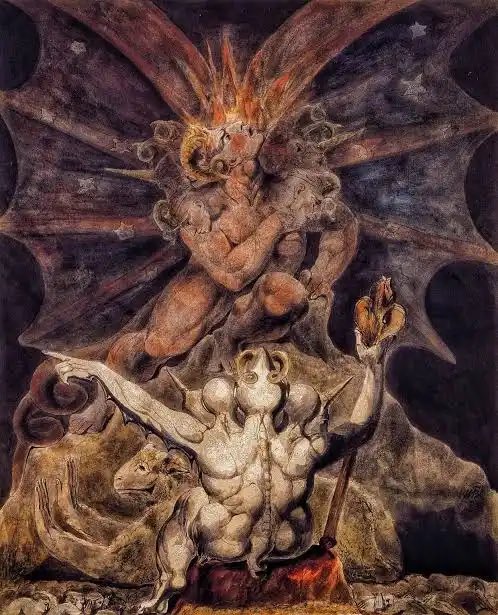 znrclr_'s tweet photo. the painting lestat uses to represent magnus at the table is “the number of the beast is 666” by william blake (1805), which may sound familiar if you’ve ever watched hannibal…. meant to symbolize internal struggles of spiritual ascension vs corruption https://t.co/StJ2NNIHdB