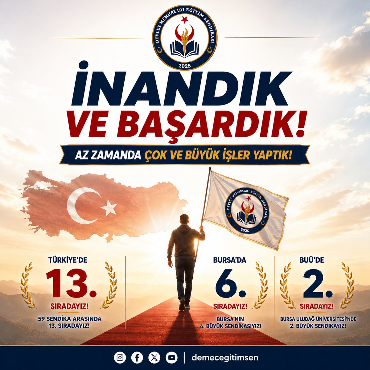 Metin_DEMEC_16's tweet photo. BU DAHA BAŞLANGIÇ!

Bir hayalle başladık... İnandık, çalıştık, mücadele ettik.

Hiçbir siyasi yapının gölgesine sığınmadan, hiçbir odaktan güç almadan; yalnızca eğitim çalışanlarının iradesiyle yol yürüdük.

Bugün gururla görüyoruz ki bu samimi ve ilkeli duruş, eğitim çalışanlarının gönlünde karşılık bulmuştur.

Devlet Memurları Eğitim Sendikası olarak üyelerimizin hak, hukuk ve menfaatlerini korumayı en temel görevimiz kabul ediyor; mücadelemizi sadece üyelerimiz için değil, tüm eğitim çalışanları adına kararlılıkla sürdürüyoruz.

Kısa süre önce kurulmuş bir sendika olmamıza rağmen ;

* Türkiye'de eğitim, öğretim ve bilim hizmetleri kolunda faaliyet gösteren 59 sendika arasında 13. sıraya,

* Bursa'da 6. sıraya,

* Bursa Uludağ Üniversitesinde ise 2. büyük sendika olma başarısına ulaştık.

Bu başarı; hiçbir siyasi desteğin değil, inancın, emeğin, dürüstlüğün ve kararlı mücadelenin başarısıdır.

Bu başarı; gece gündüz demeden çalışan il başkanlarımızın, ilçe başkanlarımızın, genel merkez yöneticilerimizin, kurum temsilcilerimizin ve bizlere güvenerek ailemize katılan kıymetli üyelerimizin ortak eseridir.

Her birinize yürekten teşekkür ediyoruz.

Biz biliyoruz ki daha gidecek çok yolumuz, ulaşacak çok eğitim çalışanımız var.

Bugün elde ettiğimiz başarı, yarının çok daha büyük hedeflerinin habercisidir.

Bu daha başlangıç...

Daha çok çalışacağız. 
Daha çok büyüyeceğiz. 
Daha güçlü teşkilatlanacağız. 
Hak, hukuk ve adalet mücadelemizden asla taviz vermeyeceğiz.

Çünkü biz, koltukların değil; eğitim çalışanlarının sendikasıyız. Çünkü biz, siyasetin değil; eğitim çalışanlarının iradesinin temsilcisiyiz.

Bu büyük yürüyüşe henüz katılmayan tüm eğitim çalışanlarını da birlikte mücadele etmeye davet ediyoruz.

Gelin; hakkın, hukukun, adaletin ve bağımsız sendikacılığın çatısı altında omuz omuza yürüyelim.

Birlikte Güçlüyüz. Birlikte Kararlıyız. Birlikte Başaracağız.

DEVLET MEMURLARI EĞİTİM SENDİKASI (DEMEÇ EĞİTİM SEN)

Susanların değil, mücadele edenlerin sendikası.

@demecegitimsen
@gkhozturk1 
@delikurd 
@selmer05 
@ermankarakus1 
@EBiyiker52953 
@Yurekli_Sezai 
@NilferAslantek2