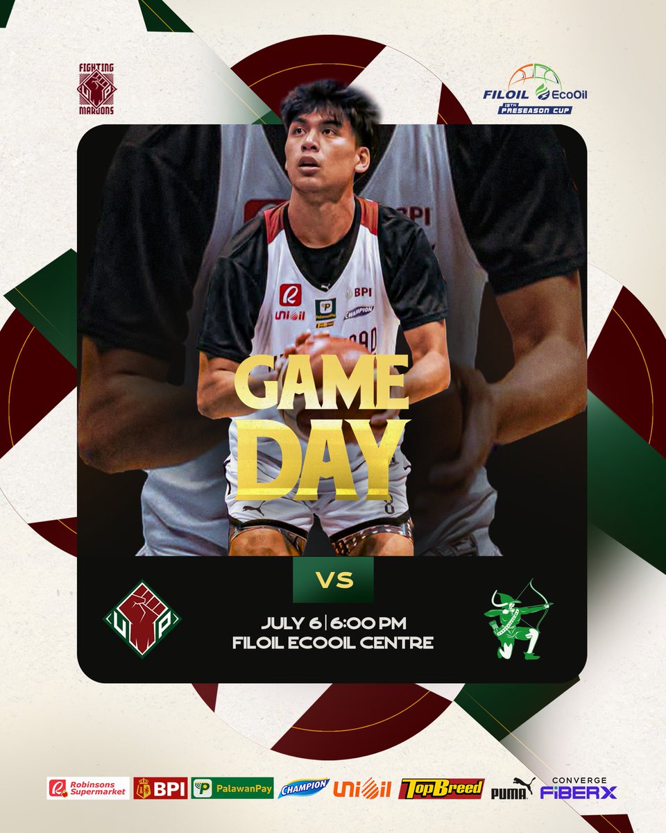 upmbt's tweet photo. GAME DAY ALERT 🚨

The UP Fighting Maroons seek to keep their record untouched in a much anticipated showdown with Taft-based squad.

🆚: DLSU Green Archers
⏱️: July 6 (Monday) 6:00 PM
📍: Filoil EcoOil Arena

#UPFight #nowheretogobutUP https://t.co/WXUpNifb7m