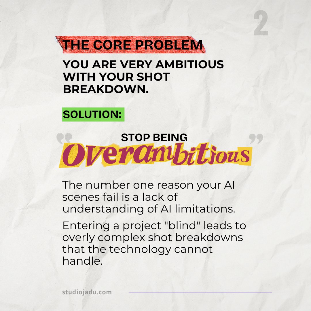 studiojadu's tweet photo. Why your AI scenes look messy (and the simple strategy to fix them) 👇

The #1 mistake creators make is being too ambitious with shot breakdowns. Current AI video models heavily struggle with complex wide shots featuring multiple characters.

The solution? https://t.co/S12ALjIUda