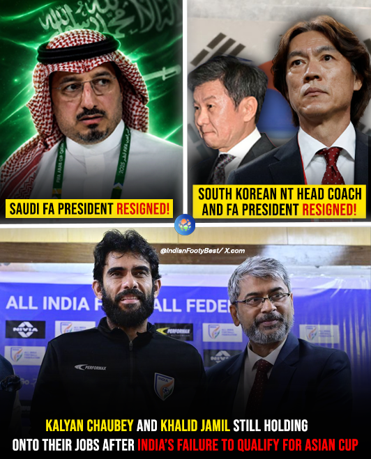 IndianFootyBest's tweet photo. 🇰🇷 South Korea and 🇸🇦 Saudi Arabia qualified for #FIFAWorldCup 2026. However, their FA Presidents and Coaches RESIGNED just because they failed to reach Knockouts!

But Kalyan Chaubey &amp; Khalid Jamil still control #IndianFootball after we failed to even qualify for AFC Asian Cup🤡 https://t.co/25UbM86Kd7