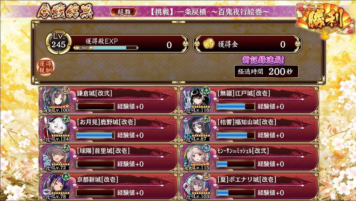 silky_load's tweet photo. 群雄割拠 先行版　【挑戦】 一条戻橋 ～百鬼夜行絵巻～
自分はこれくらいが限界ですかねぇ、【無窮】江戸城無しでは400秒切ることがギリギリでした。
今回は敵の攻撃力が抑えられていてこちらの攻撃に注力できたので前回より遊びやすかった気がします。
#城プロRE https://t.co/x2KudXUXWB