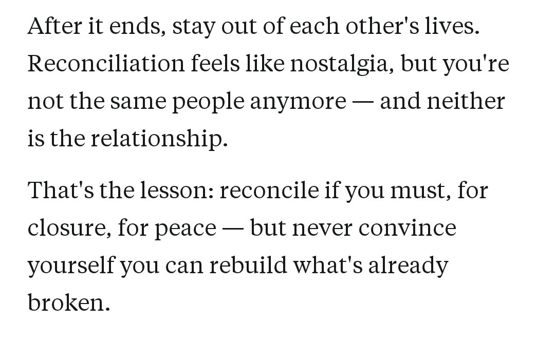 Sule_Jarma's tweet photo. Reconciliation floods you with nostalgia, but by the time you've broken up, you've already changed — grown into something that doesn't fit the shape of your old relationship anymore. https://t.co/GfKkLJsdRX