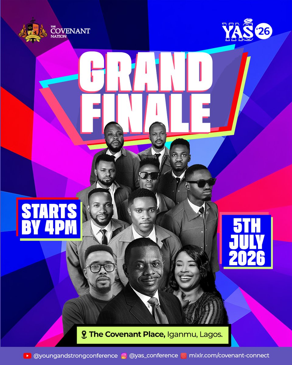 yasconference's tweet photo. Grand Finale with our Senior Pastor @pastorpoju
today at 4 PM SHARP! 🎊 

Join @LilianNneji, DJ Chrix &amp; @gospelforce for praise at The Covenant Place, Iganmu.   

Free buses available.   

Watch live on YouTube via the link in bio.   

#saltandlight #youngandstrong #yas2026 https://t.co/oH8xlK0aRP