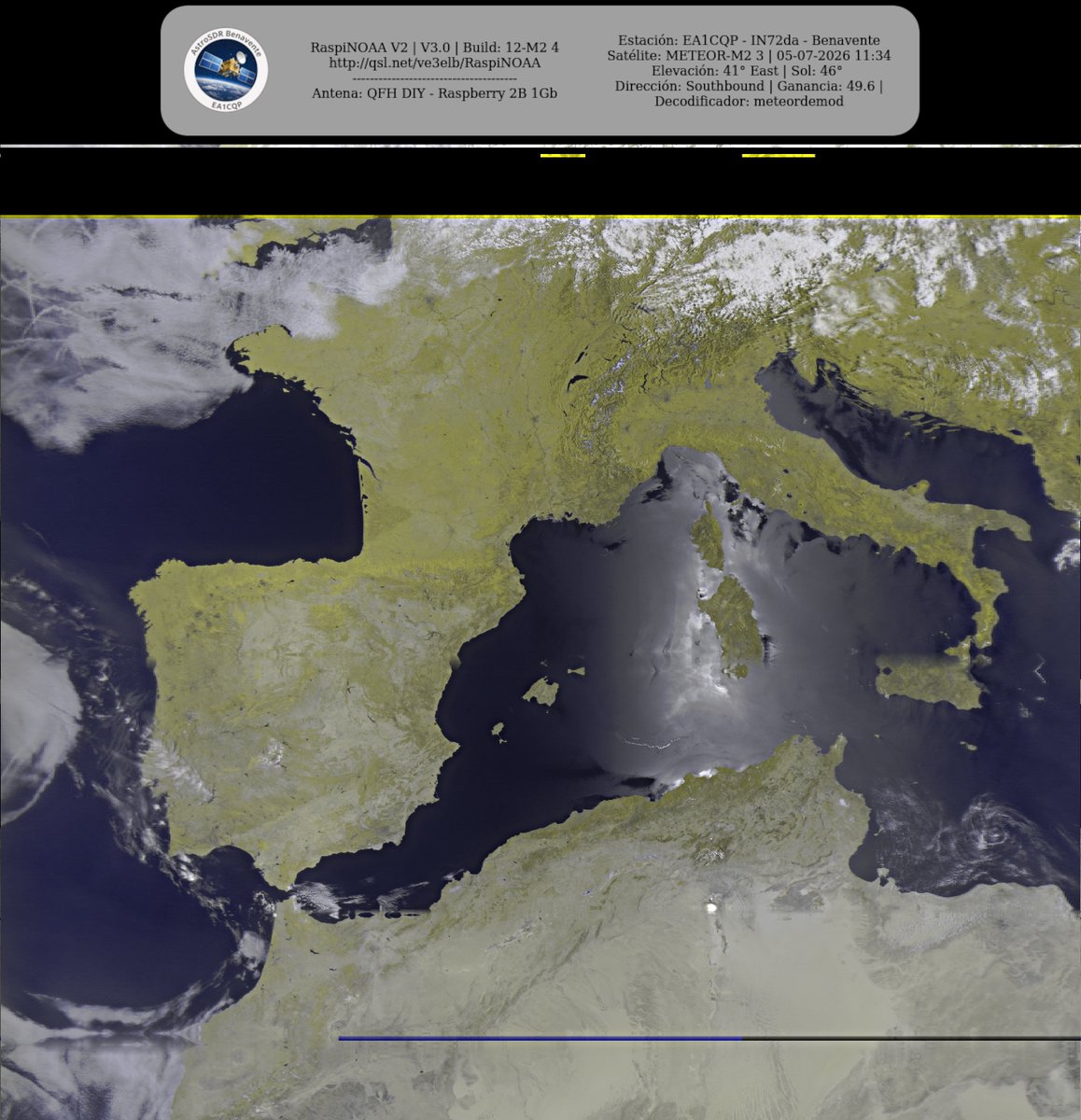 monforra's tweet photo. Ground Station: EA1CQP - IN72da - Benavente METEOR-M2 3 05-07-2026 11:19 CEST  Max Elev: 41° E Sun Elevation: 46° Gain: 49.6 | Southbound

#NOAA #MeteorM2_3 #MeteorM2_4 #weather #weathersats #APT #LRPT #wxtoimg #MeteorDemod #rtlsdr #gpredict #raspberrypi https://t.co/W8ZrJGmz7j