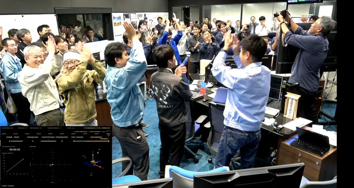 nvslive's tweet photo. はやぶさ2　管制室から拍手！

まずは、トリフネとのフライバイをして無事通過したかな！！！

はやぶさ2が生きていてよかった！

https://t.co/qqGzYXHzyl https://t.co/McqSRHnzg9