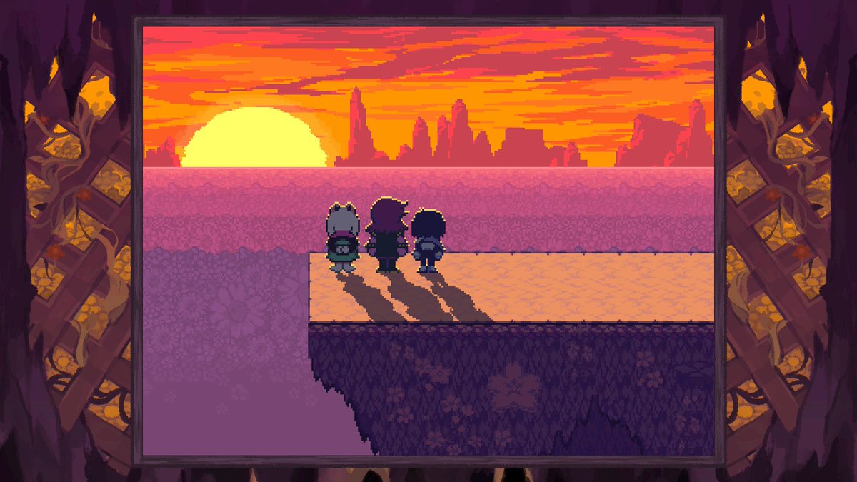obak_qtaro's tweet photo. DELTARUNEって設定でフレームをダイナミックにするとエリアに合わせてフレームのデザインが自動で変わるんだけど、Chapter5のこことか画面全体が一枚の画として完成されてて感動したよね。あまりにも美し過ぎる…🥲 https://t.co/4PvKxt1UNd