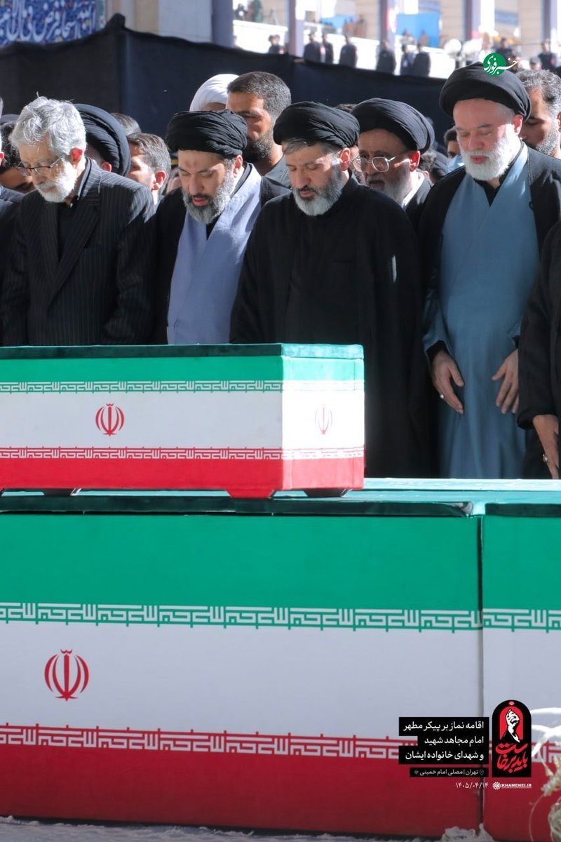 jacksonhinkle's tweet photo. The sons of martyr Seyyed Ali Khamenei (and brothers of the current leader) were seen at the funeral ceremony today praying for their martyred father. https://t.co/lsMjJaMV3S