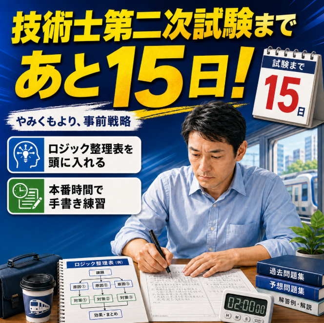 pe_metals_O's tweet photo. 【技術士第二次試験まで、あと15日！】

この時期は、本番の試験を想定して、
手書きで答案を書く練習に取り組むことも大切だと思います。

ただ、皆さん、仕事や家庭で忙しい中、
十分な時間を確保するのは簡単ではないはずです。

私自身もそうでした。

直前期は、通勤時間や会社の休み時間を使って、
作成済みの重要テーマのロジック整理表を頭に入れ、
重要テーマを論理的に説明できるように、
小声でつぶやきながら確認していました。

一方で、手書き練習については、
決して多くの回数はできませんでした。

私の場合は、
過去問1回分と予想問題1回分、合計2回分で、
事前に決めた問題選択、解答順、時間配分の戦略に沿って、
本番と同じ試験時間で答案を書き切る練習をしました。

正直、
「こんなに少なくて大丈夫なのか」という不安もありました。

私は何回も不合格を経験しましたが、
振り返ると、不合格の時は
事前に答案戦略を十分に立てないまま
本番試験に臨んでいました。

一方で、合格した年は、
本番でどう問題を選び、
どの順番で解き、
どのように時間を使うか
答案用紙の余白に「各項目の枠組みの目安」など
以前ご紹介した答案戦略を決めて試験に臨みました。

そして、その戦略が、
当日の落ち着きにつながったと感じています。

大切なのは、
やみくもに手書き練習の回数を増やすことではなく、
本番を想定し、
自分の答案戦略を実際に試しておくことが重要だと思います。

私の体験談が、
直前期のみなさまの参考になれば幸いです。

#技術士
#技術士第二次試験
#技術士試験
#金属部門