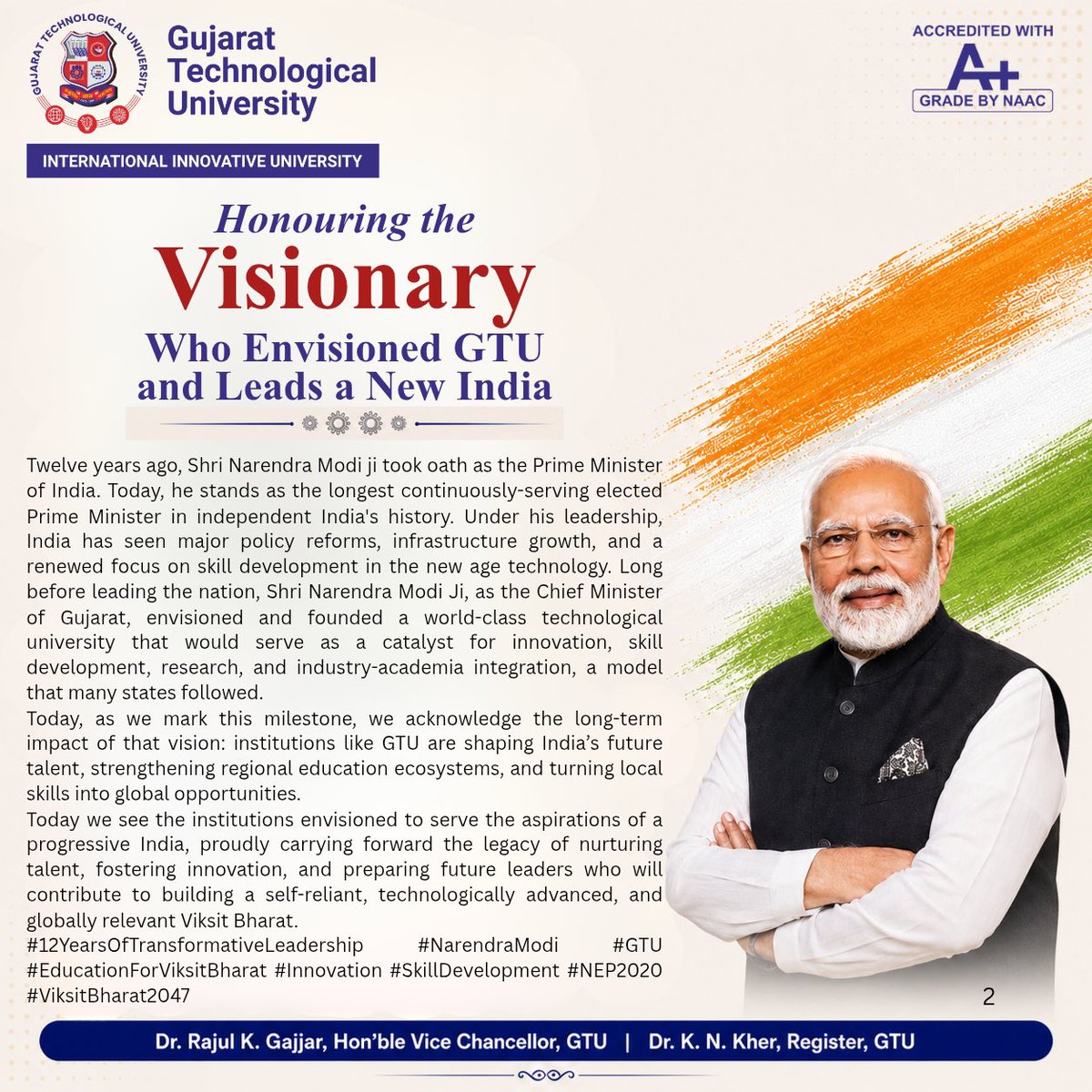 gtuoffice's tweet photo. Honouring the visionary whose dream inspired the establishment of GTU and whose leadership continues to shape a New India. 🇮🇳

12 years of transformative leadership, driving innovation, skills, research, and technology for #ViksitBharat.

#12YearsOfTransformativeLeadership https://t.co/C39Q5CJq0b